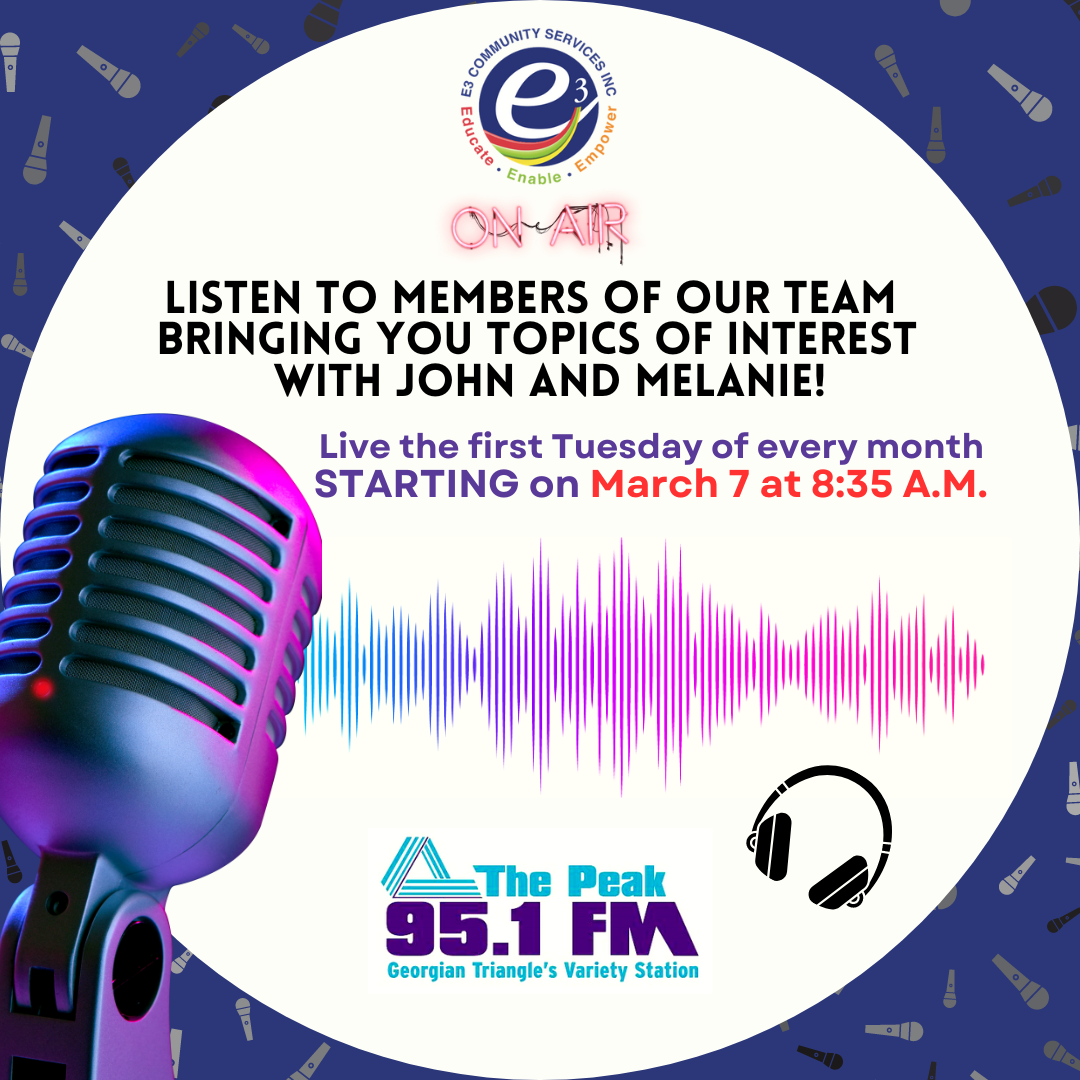 E3 Community Services radio promo with microphone and soundwaves, announcing monthly segment on The Peak 95.1 FM with John and Melanie.