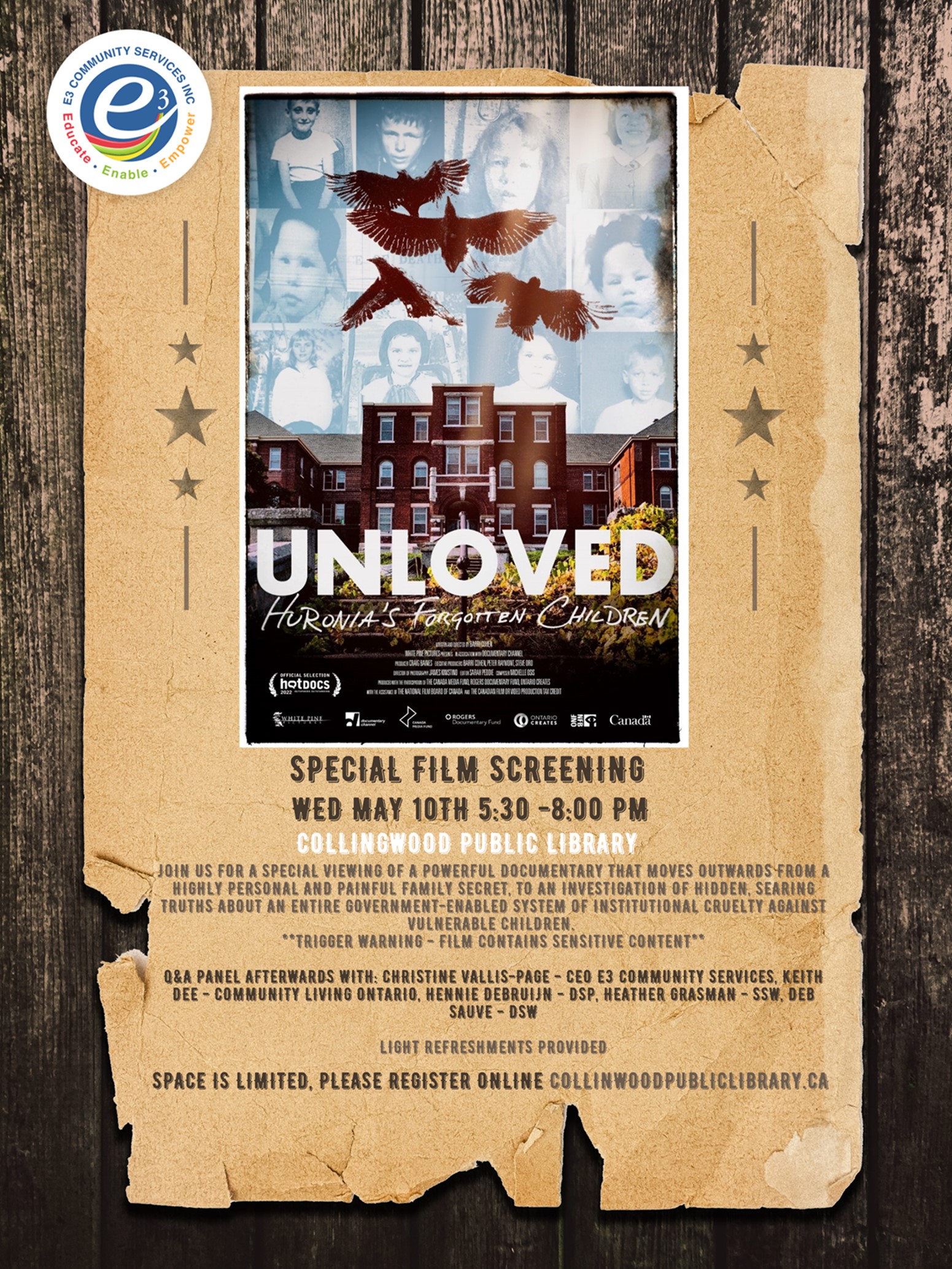 Poster for special screening of ‘Unloved: Huronia’s Forgotten Children’ on May 10 at Collingwood Public Library with Q&A panel.