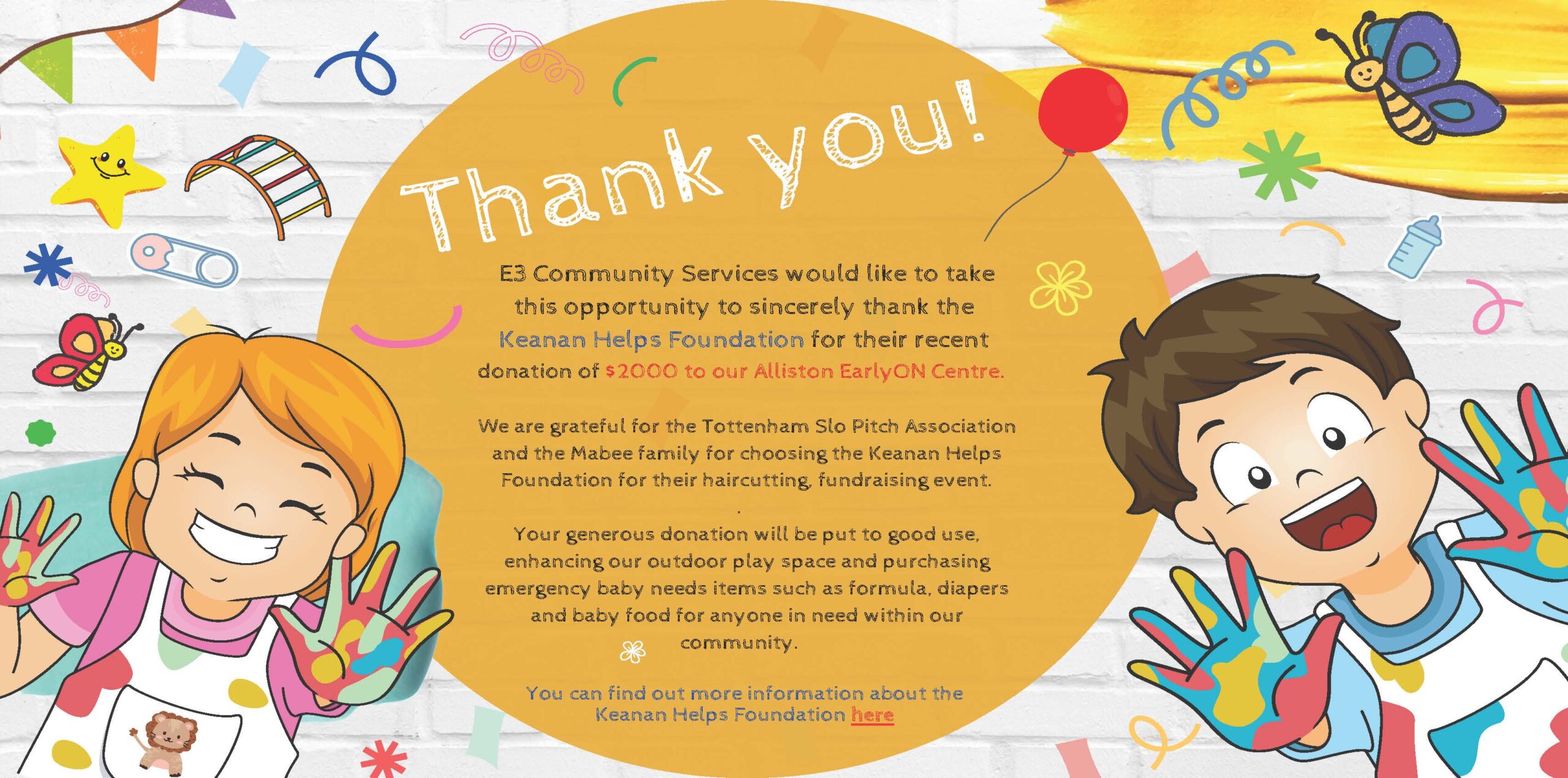 Colorful thank you graphic with cartoon children, stars, butterflies, and playful decorations, recognizing Keanan Helps Foundation donation to E3 Community Services.
